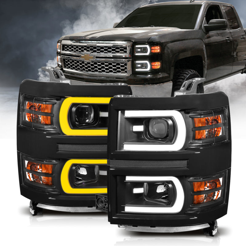 Black Housing Amber Side Projector Headlights For 2014-2015 Chevy Silverado - Pair